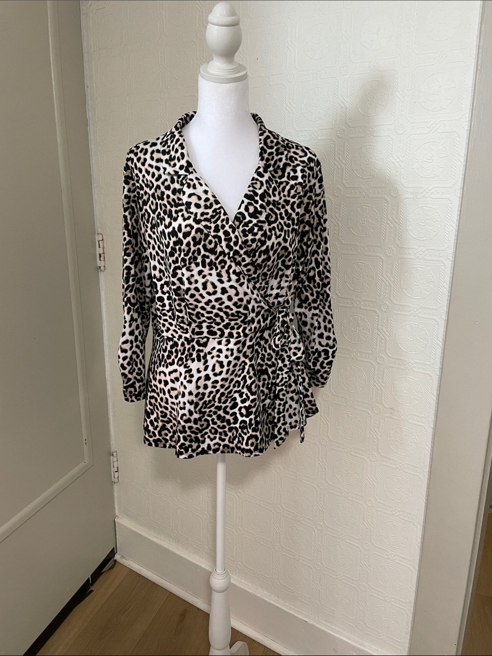 PerSeption Concept Black and Beige Leopard Wrap Blouse